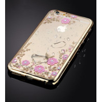 Прозрачный чехол с цветами и стразами для Apple iPhone 7 / 8 (4.7") с глянцевым бамперомЗолотой/Розовые цветы