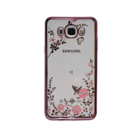 Прозрачный чехол с цветами и стразами для Samsung J710F Galaxy J7 (2016) с глянцевым бамперомРозовый золотой/Розовые цветы