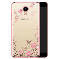 Прозрачный чехол с цветами и стразами для Meizu M5 с глянцевым бамперомРозовый золотой/Розовые цветы