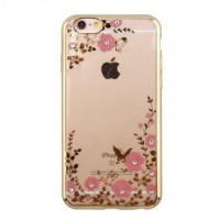 Прозрачный чехол с цветами и стразами для Apple iPhone 6/6s (4.7") с глянцевым бамперомЗолотой/Розовые цветы
