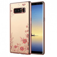 Прозрачный чехол с цветами и стразами для Samsung Galaxy Note 8 с глянцевым бамперомРозовый золотой/Розовые цветы